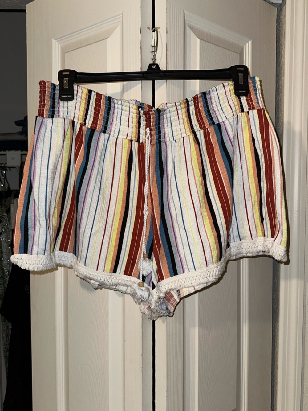 No Boundaries Multicolor Striped Crochet-Trim Athletic Shorts